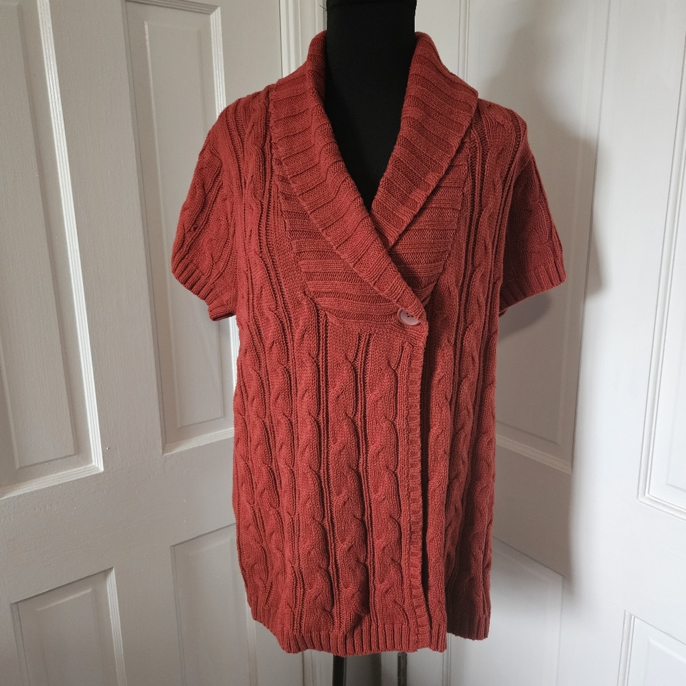 Sonoma Womenโs Size XL Orange Wrap Sweater Short Sleeve Chunky Cable Knit Cotton